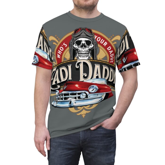 Cadi Daddy logo, Grey Unisex Cut & Sew Tee (AOP) - Image 5