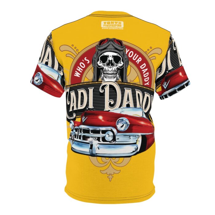 Cadi Daddy logo, Yellow Unisex Cut & Sew Tee (AOP) - Image 2