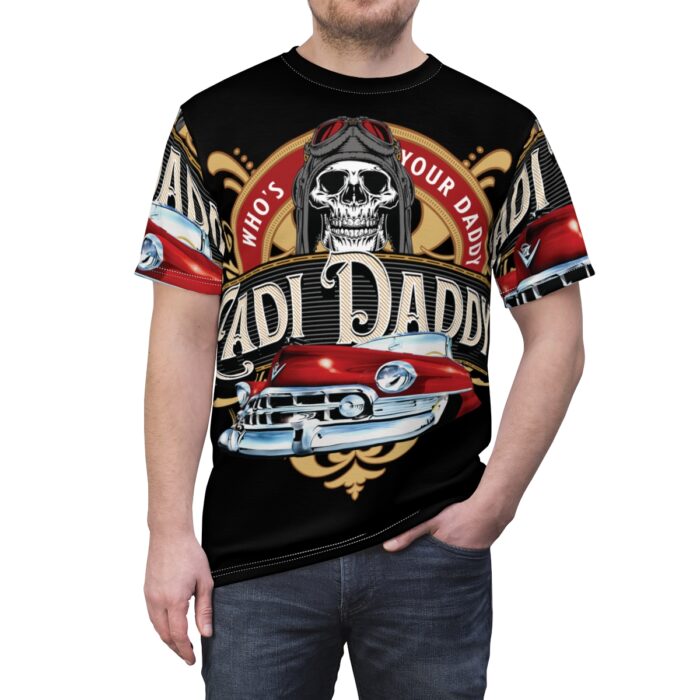 Cadi Daddy logo, Black Unisex Cut & Sew Tee (AOP) - Image 12