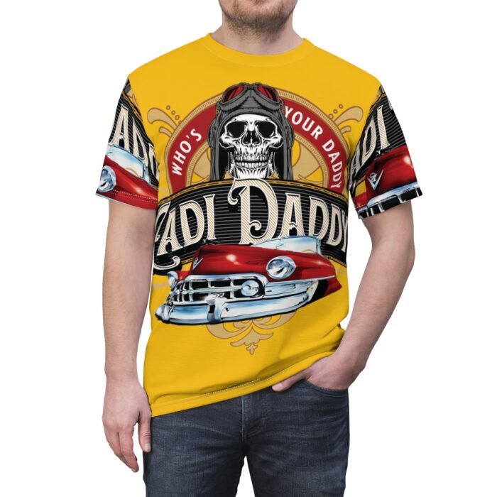 Cadi Daddy logo, Yellow Unisex Cut & Sew Tee (AOP) - Image 12