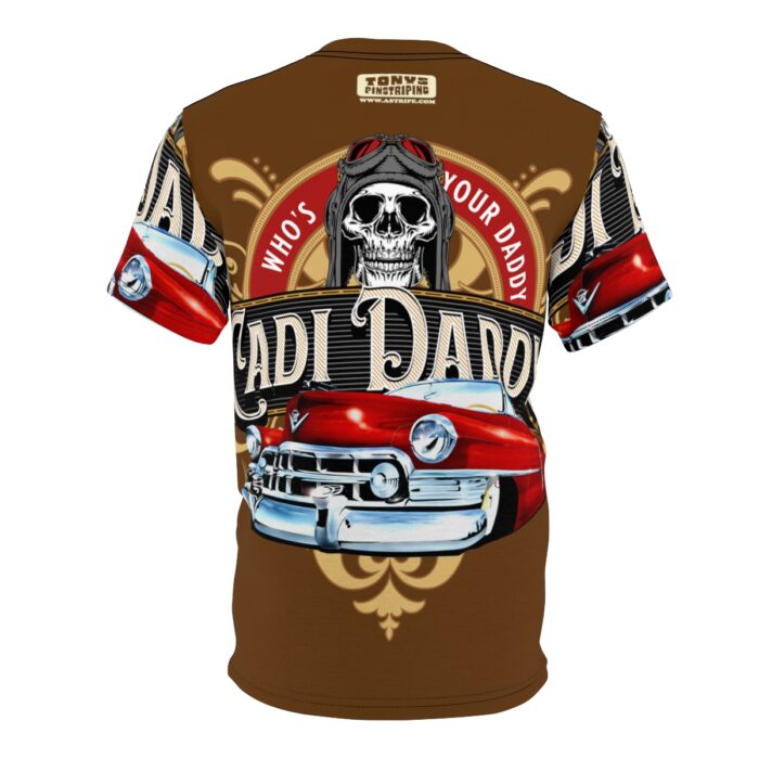 Cadi Daddy logo, Brown Unisex Cut & Sew Tee (AOP) - Image 2