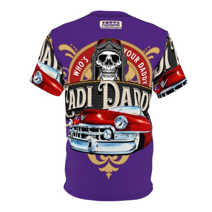 Cadi Daddy logo, Purple Unisex Cut & Sew Tee (AOP) - Image 2