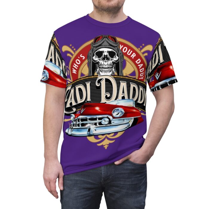 Cadi Daddy logo, Purple Unisex Cut & Sew Tee (AOP) - Image 5