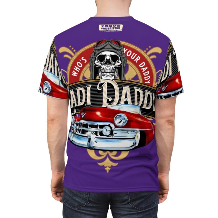 Cadi Daddy logo, Purple Unisex Cut & Sew Tee (AOP) - Image 6