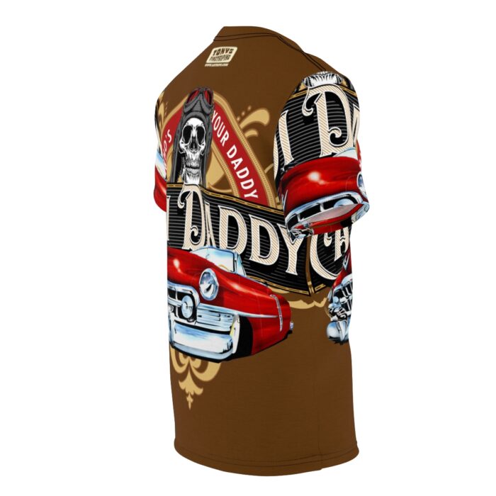 Cadi Daddy logo, Brown Unisex Cut & Sew Tee (AOP) - Image 4