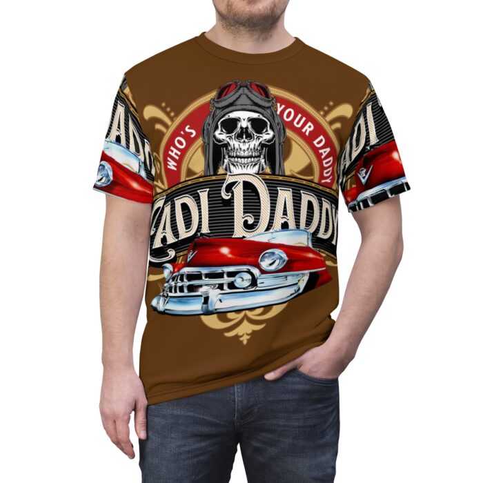 Cadi Daddy logo, Brown Unisex Cut & Sew Tee (AOP) - Image 5