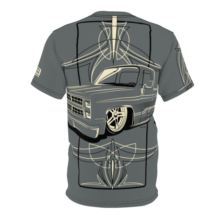 Copy of Skull with Pinstriping logo, Grey Unisex Cut & Sew Tee (AOP) - Image 2