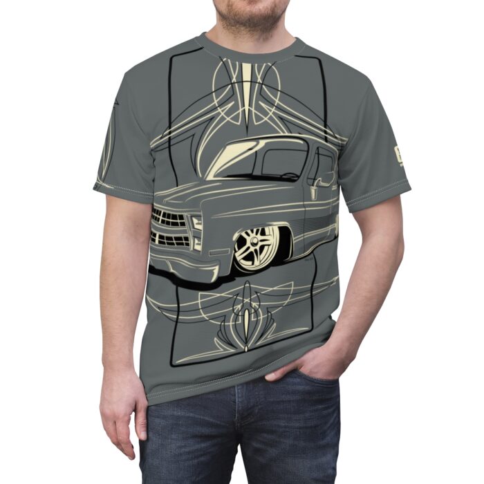 Copy of Skull with Pinstriping logo, Grey Unisex Cut & Sew Tee (AOP) - Image 12