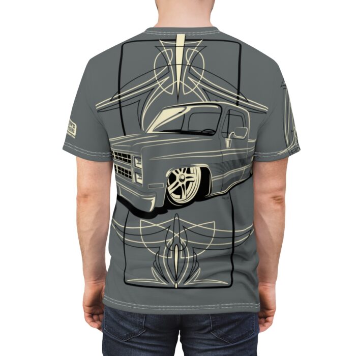 Copy of Skull with Pinstriping logo, Grey Unisex Cut & Sew Tee (AOP) - Image 13