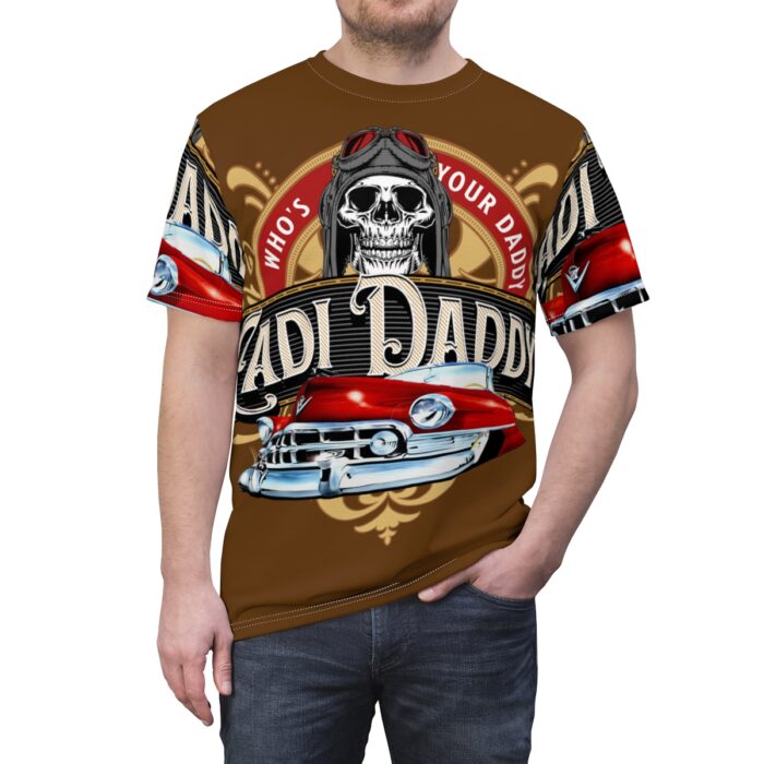 Cadi Daddy logo, Brown Unisex Cut & Sew Tee (AOP) - Image 12