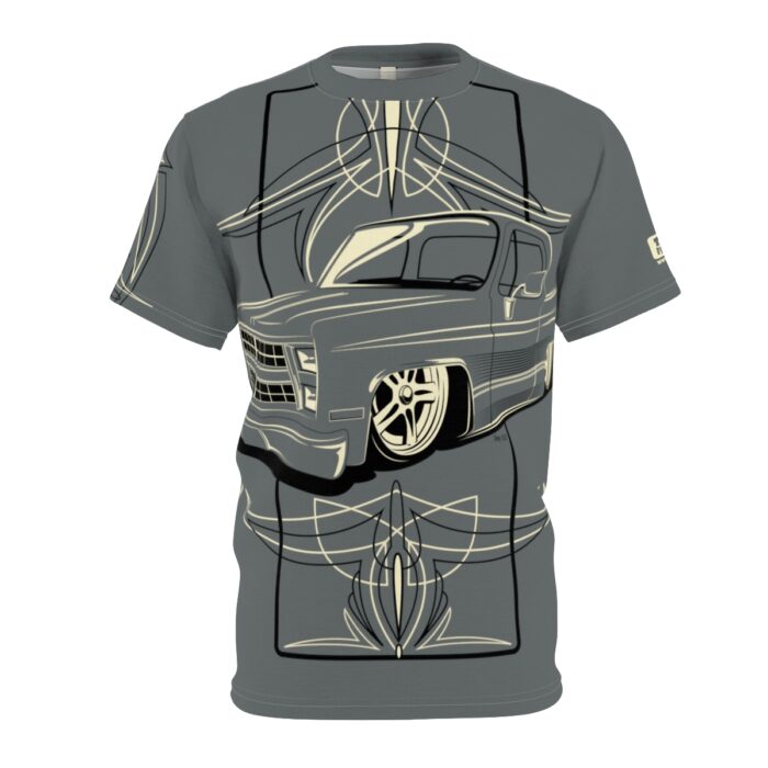 Copy of Skull with Pinstriping logo, Grey Unisex Cut & Sew Tee (AOP) - Image 8