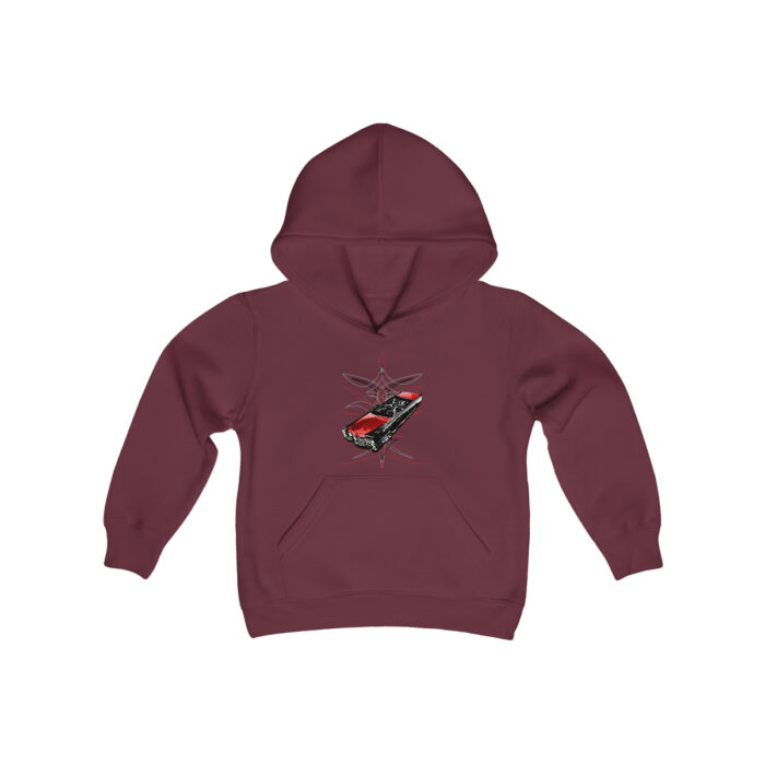 65 Cadi With pinstriping Youth Heavy Blend Hooded Sweatshirt (Jimmy Smith Art -Tonys pinstriping ) - Image 9