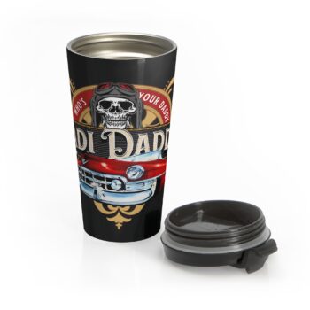 Skull Motorcycle Stainless Steel Travel Mug — “Cadi Daddy” Pinstripe Design